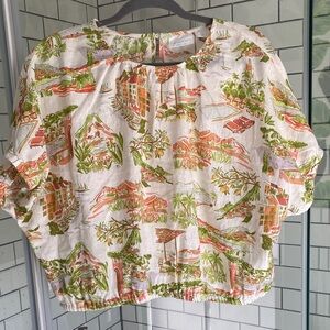 Cynthia Rowley 100% linen White Cropped Blouse with Green & Coral Scenic Print